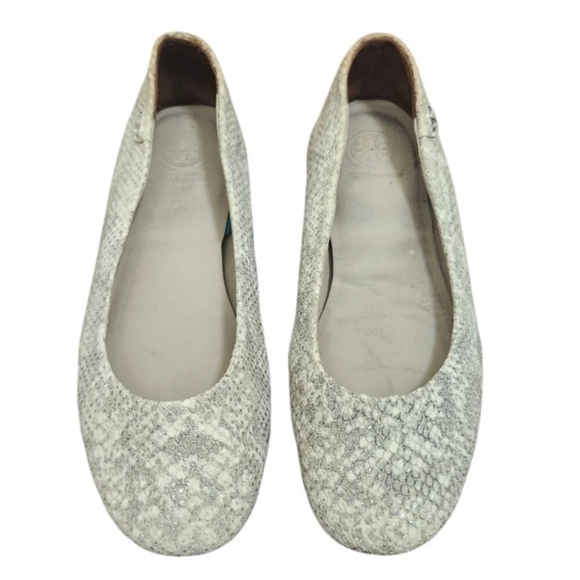 TORY BURCH Travel T Snake Embossed Sparkling Leather Ballet Flats Roccia 9M - Picture 2 of 15